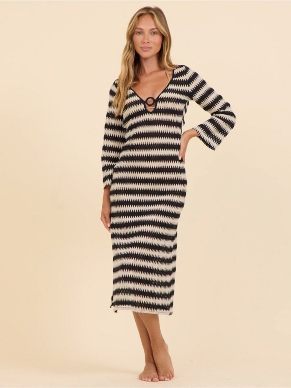 Surf Gypsy B&W Chevron Crochet Plunge Maxi Dress / Coverup - S/M 👙
